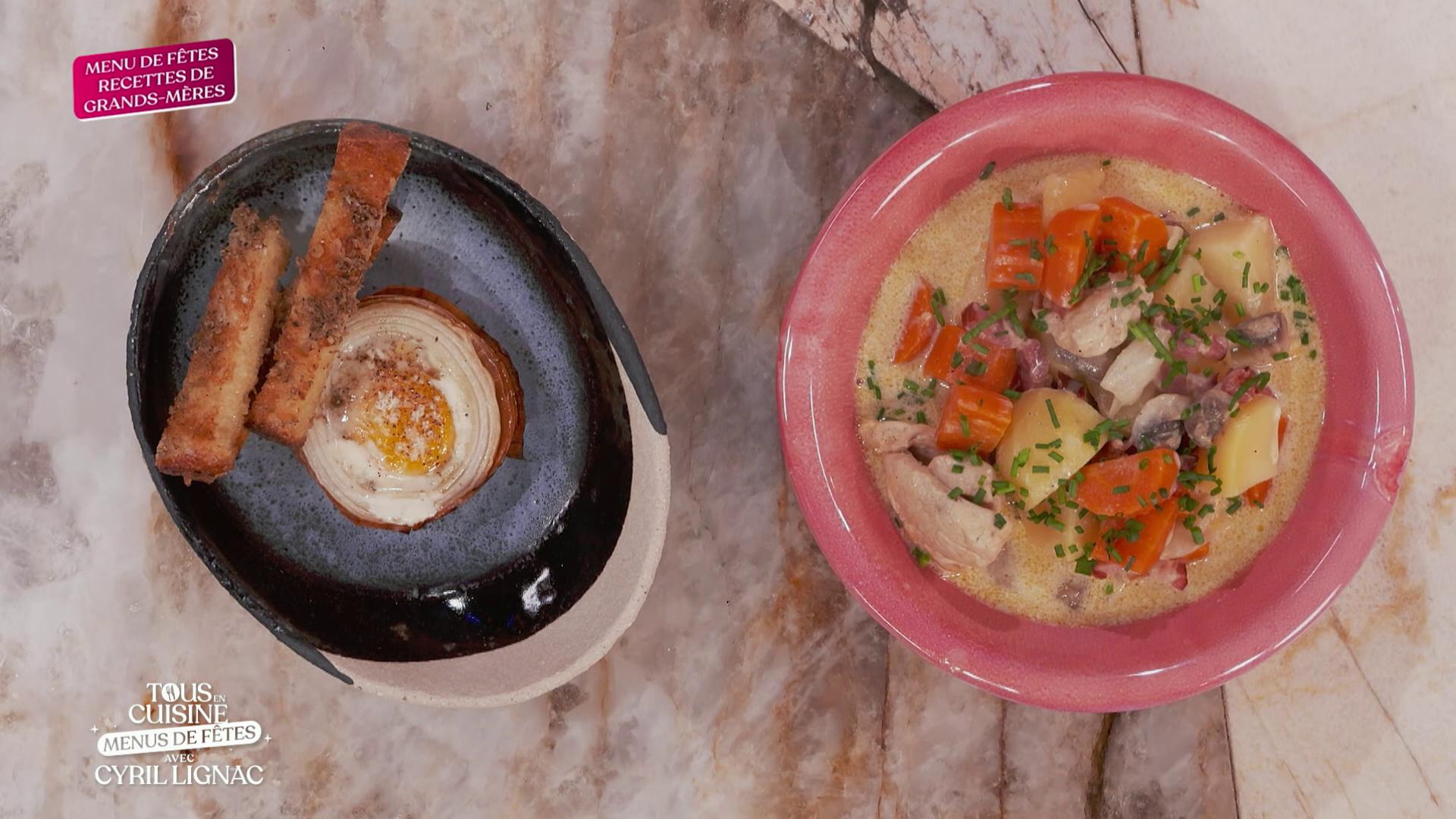Œuf à la truffe dans un oignon et poulet cocotte