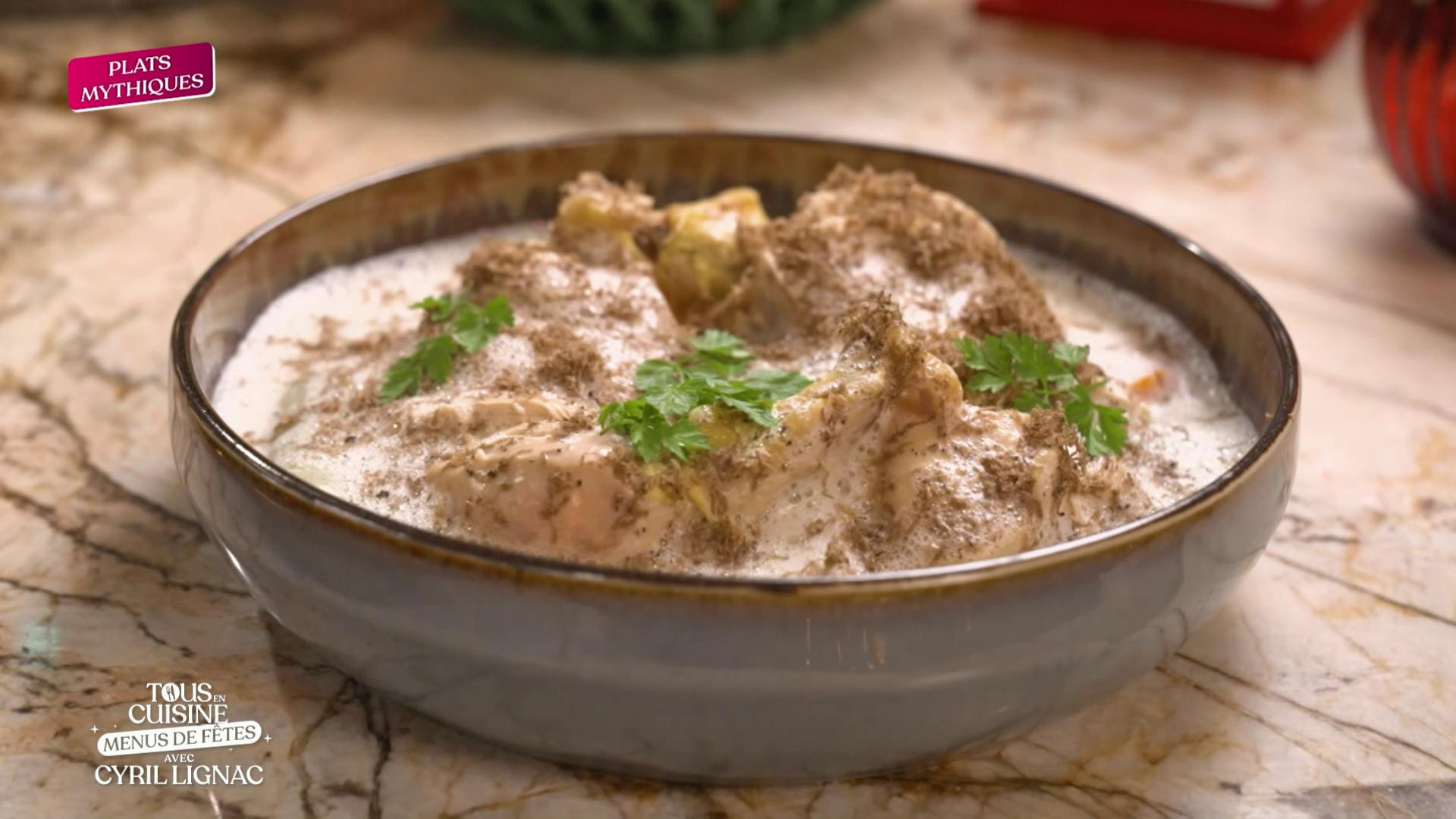 Volaille sauce suprême et île flottante aux pralines roses