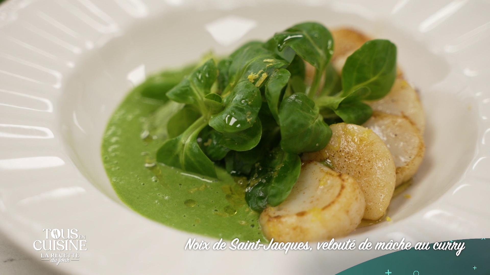 Noix de Saint-Jacques, velouté de mâche au curry