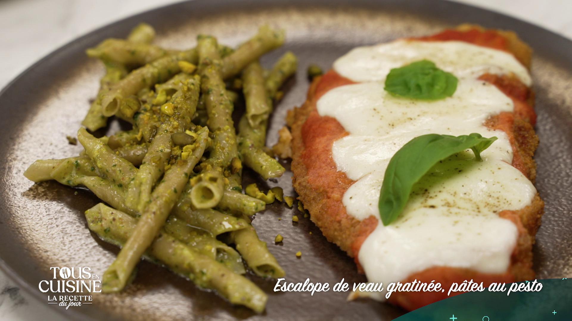 Escalope de veau gratinée, pâte au pesto