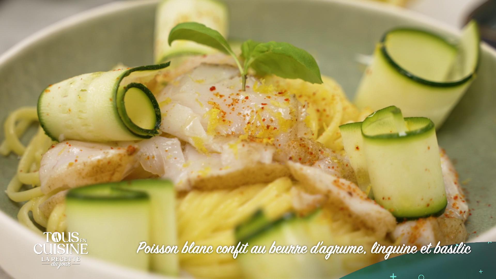 Poisson blanc confit au beurre d'agrume, linguine et basilic