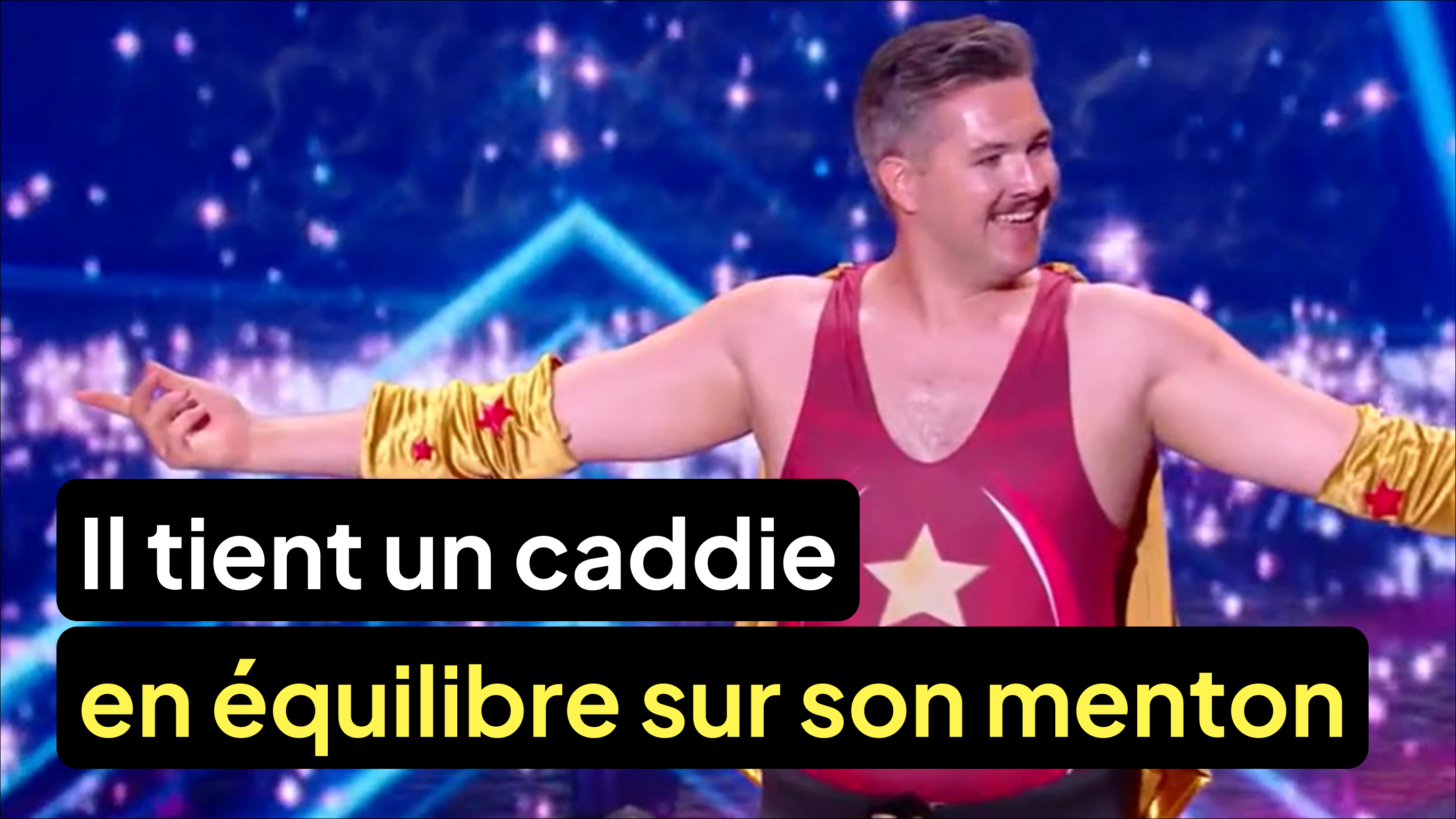 Il tient un caddie en équilibre sur son menton